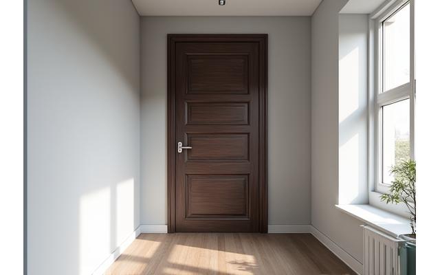 Sleek, dark wooden door with minimalist lines in a contemporary apartment hallway