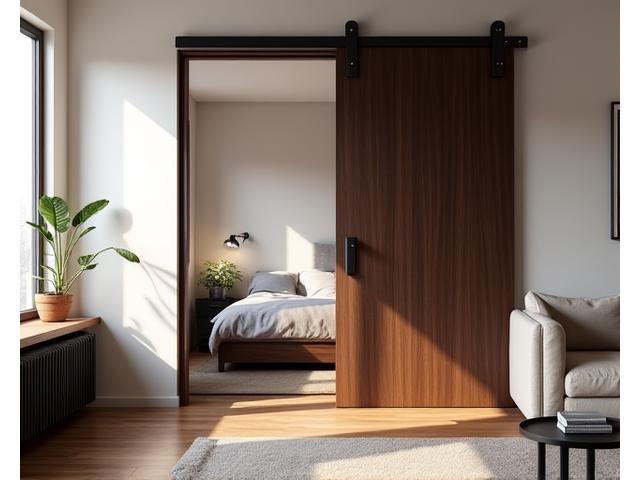 Elegant dark wood sliding door separating a living room from a bedroom in a small, modern apartment. The door is partly open, showing smooth mechanism.